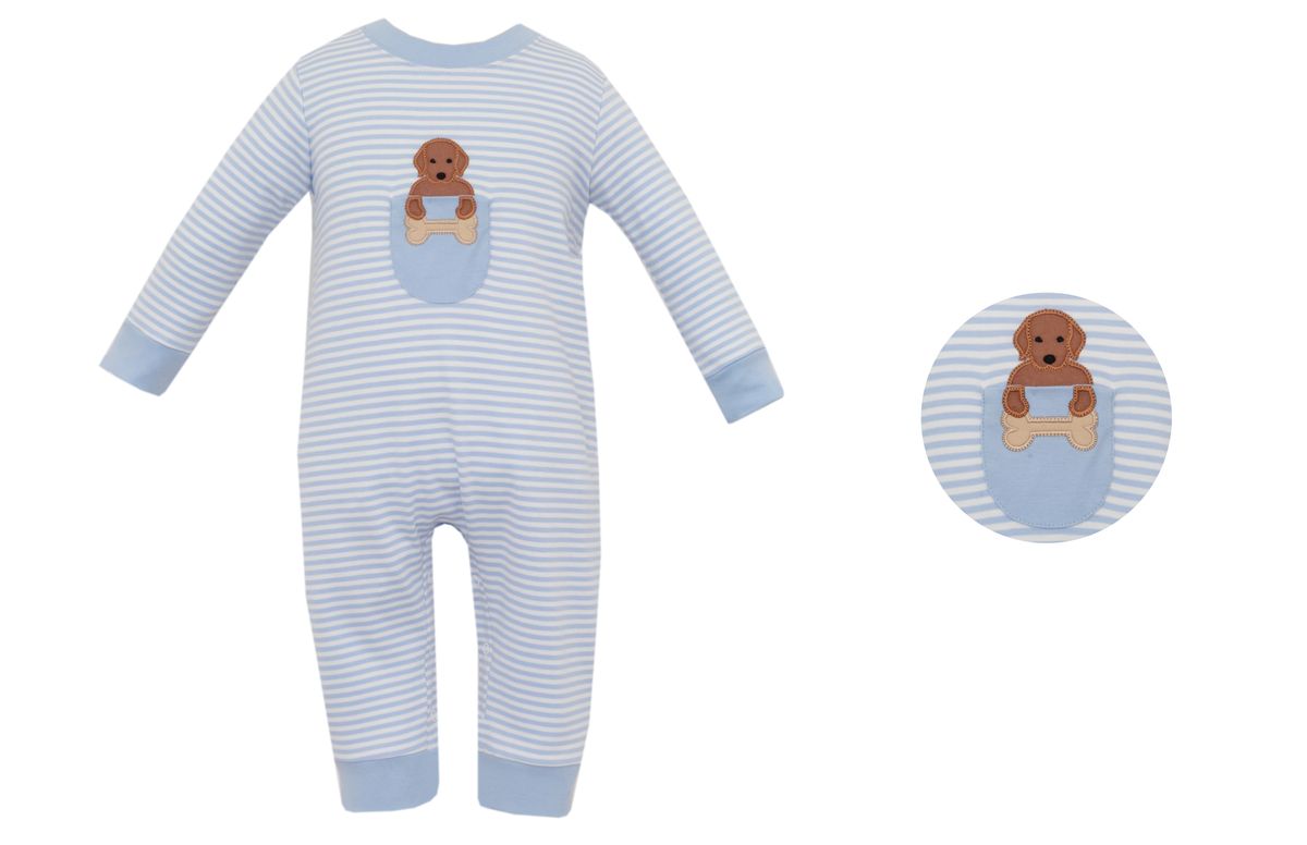 Claire & Charlie Baby Boys Blue Striped Knit Romper- Dog in Pocket