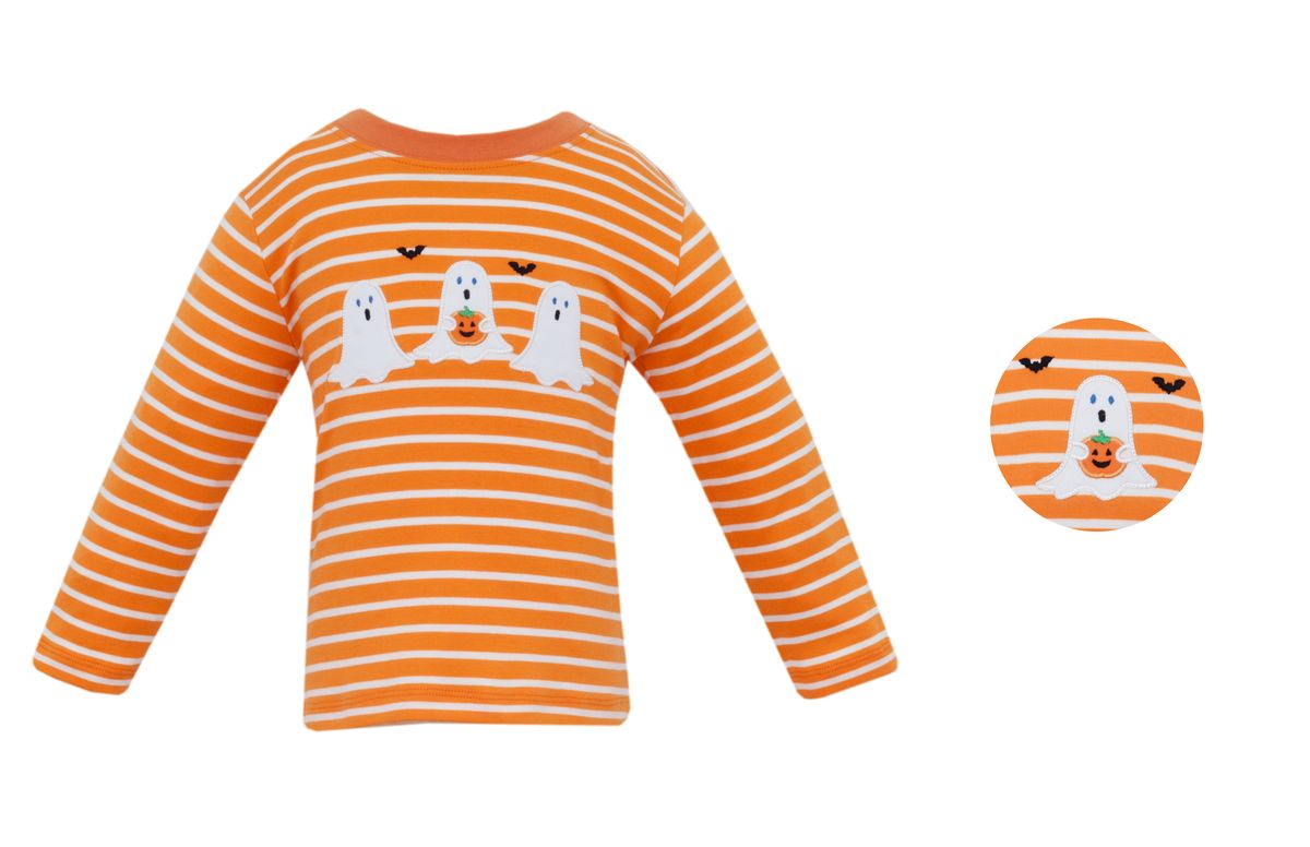 Claire & Charlie Boys Orange Striped Shirt - Trio of Halloween Ghosts