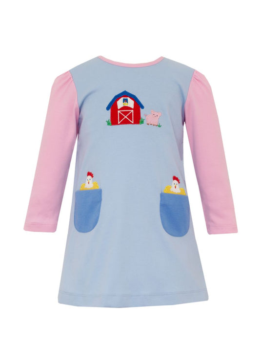 Claire & Charlie Girls Blue & Pink Color Block Farm Dress with Pockets by Claire & Charlie