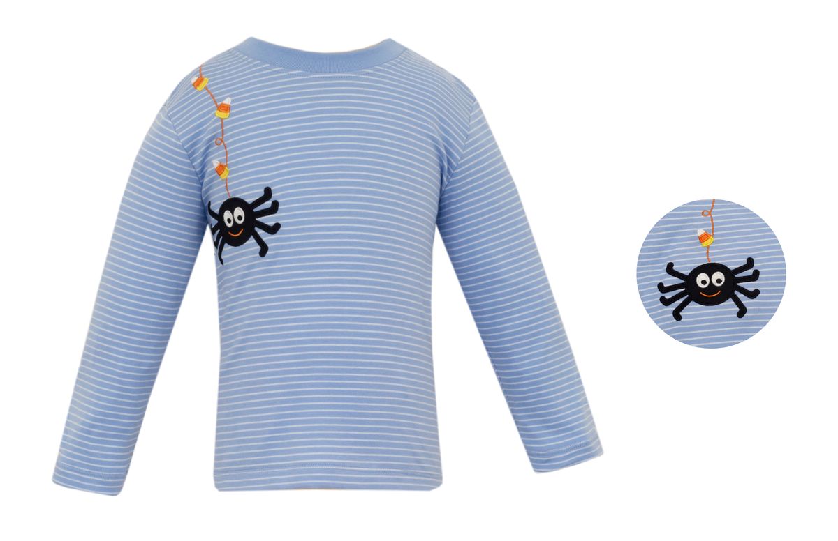 Claire & Charlie Boys Blue Striped Shirt - Halloween Candy Corn & Spider