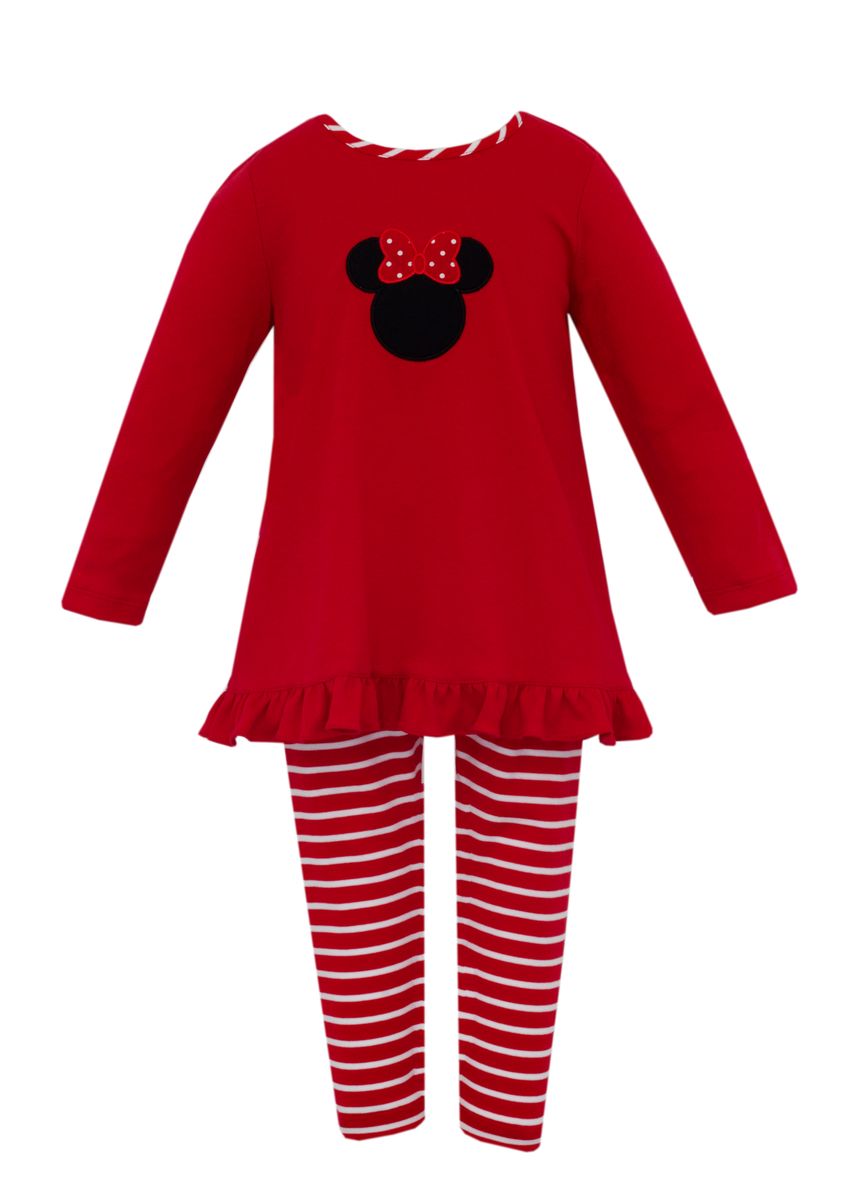Claire & Charlie Girls Red Striped Leggings with Minnie Mouse Ears Tunic Top
