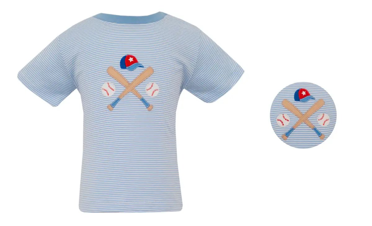 Claire & Charlie Boys Light Blue Striped Shirt - Baseball Theme