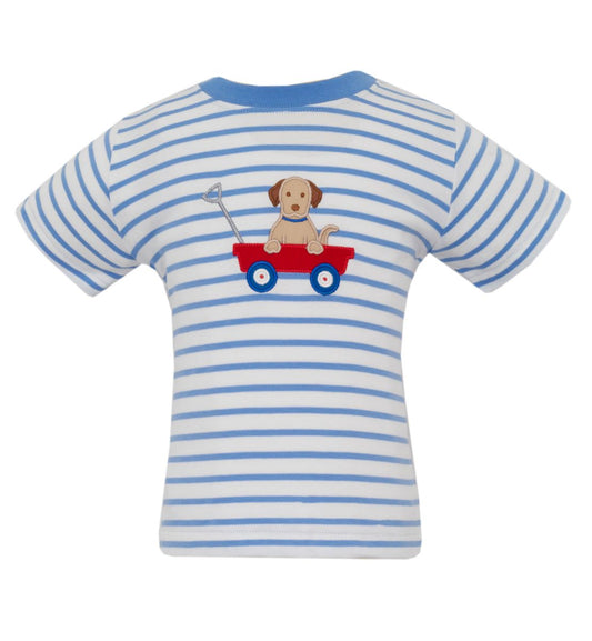Claire & Charlie Boys Blue Striped Shirt - Dog in Red Wagon by Claire & Charlie