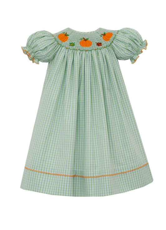 Anavini Velani Girls Green Check Smocked Pumpkins Bishop Dress by Anavini