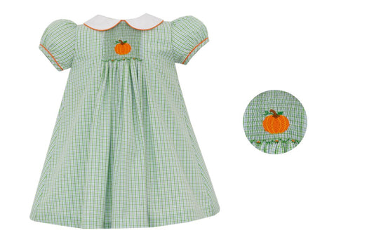 Anavini Velani Girls Green Check Smocked Pumpkin Dress - White Collar by Anavini