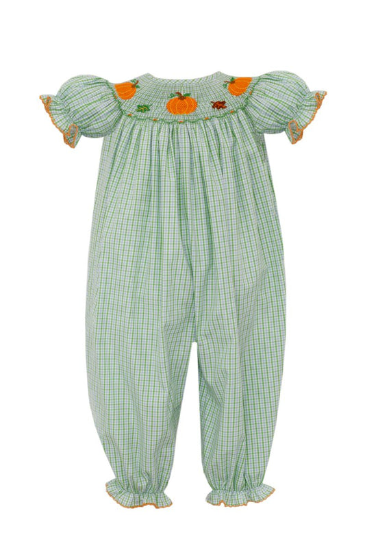 Anavini Velani Baby Girls Green Check Smocked Pumpkins Romper by Anavini