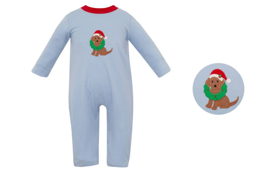 Claire and Charlie Baby Boys Light Blue Knit Christmas Puppy Romper by Claire & Charlie
