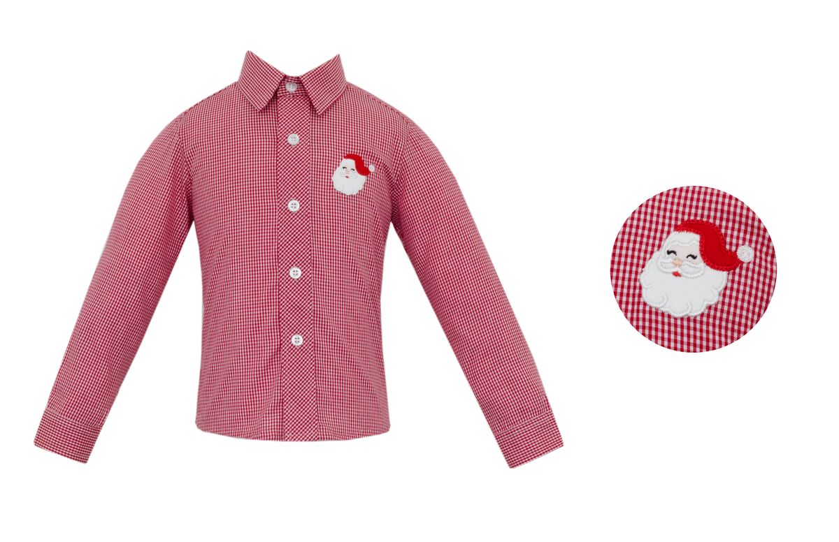 Claire and Charlie Red Gingham Boys Button Down Santa Claus Shirt by Claire & Charlie