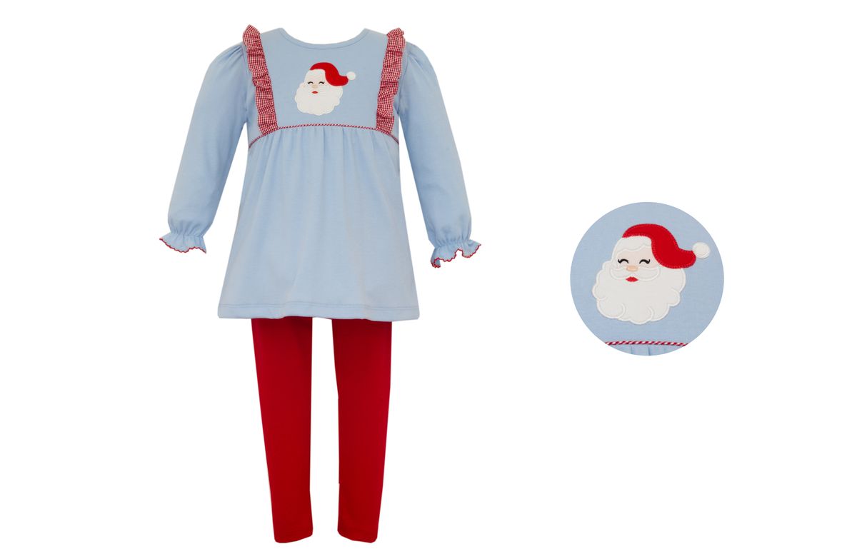 Claire and Charlie Girls Light Blue Knit Santa Top and Red Leggings by Claire & Charlie