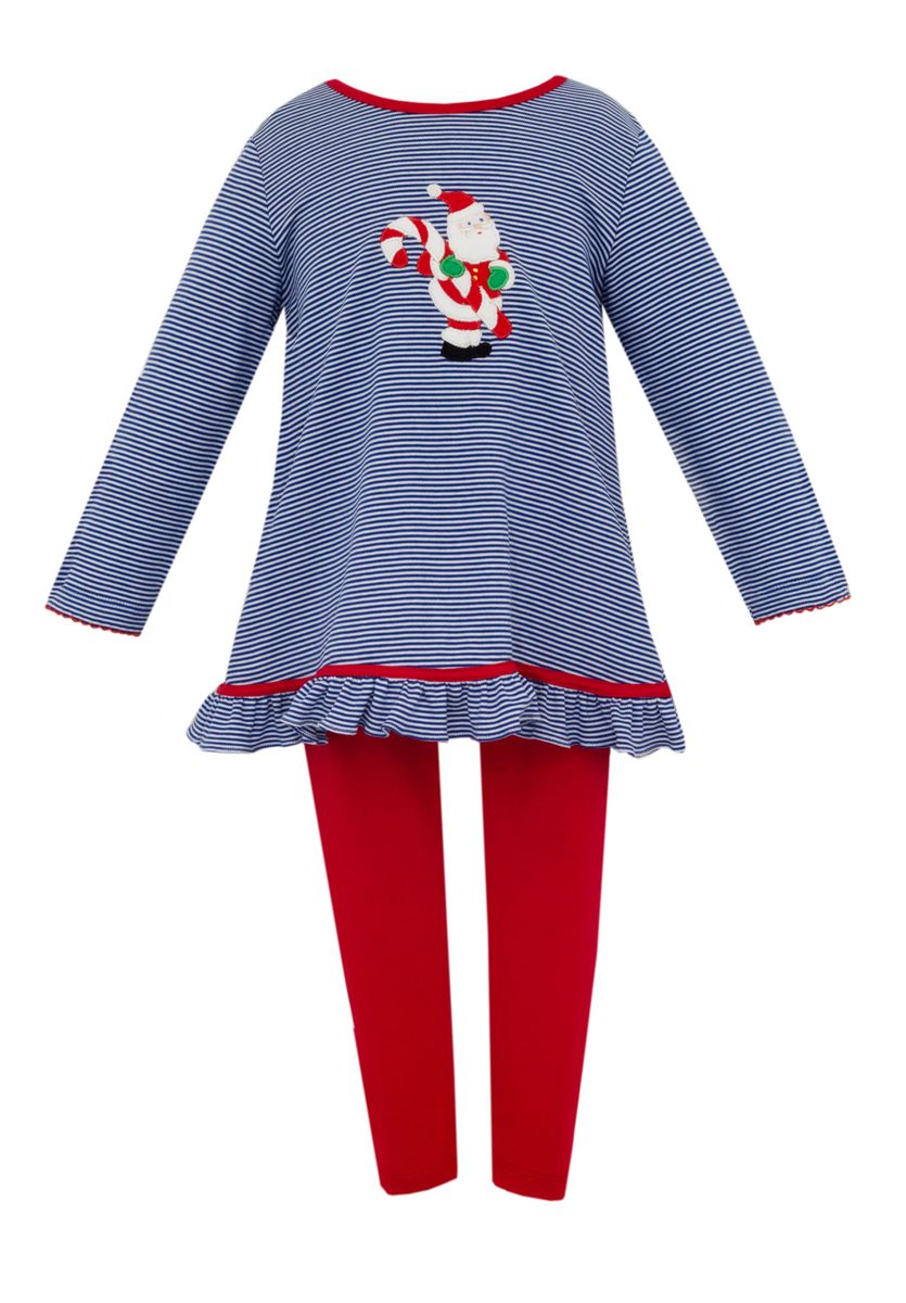 Claire and Charlie Girls Navy Blue Striped Knit Santa Tunic with Red Leggings by Claire & Charlie