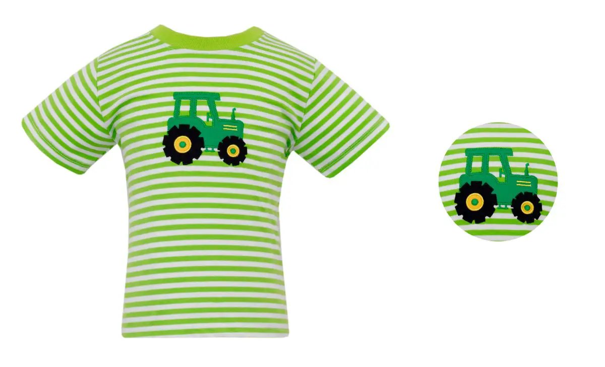Claire & Charlie Boys Green Striped Shirt - Appliqué Tractor