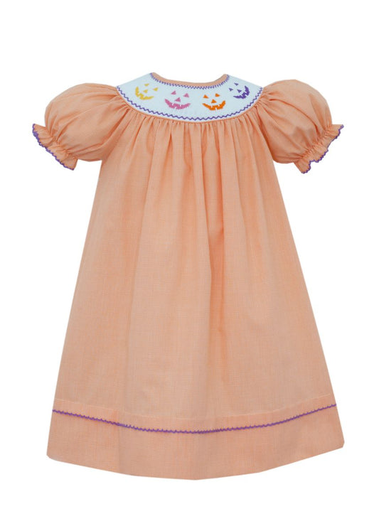Anavini Velani Girls Orange Check Smocked Jack O'Lantern Faces Bishop Dress