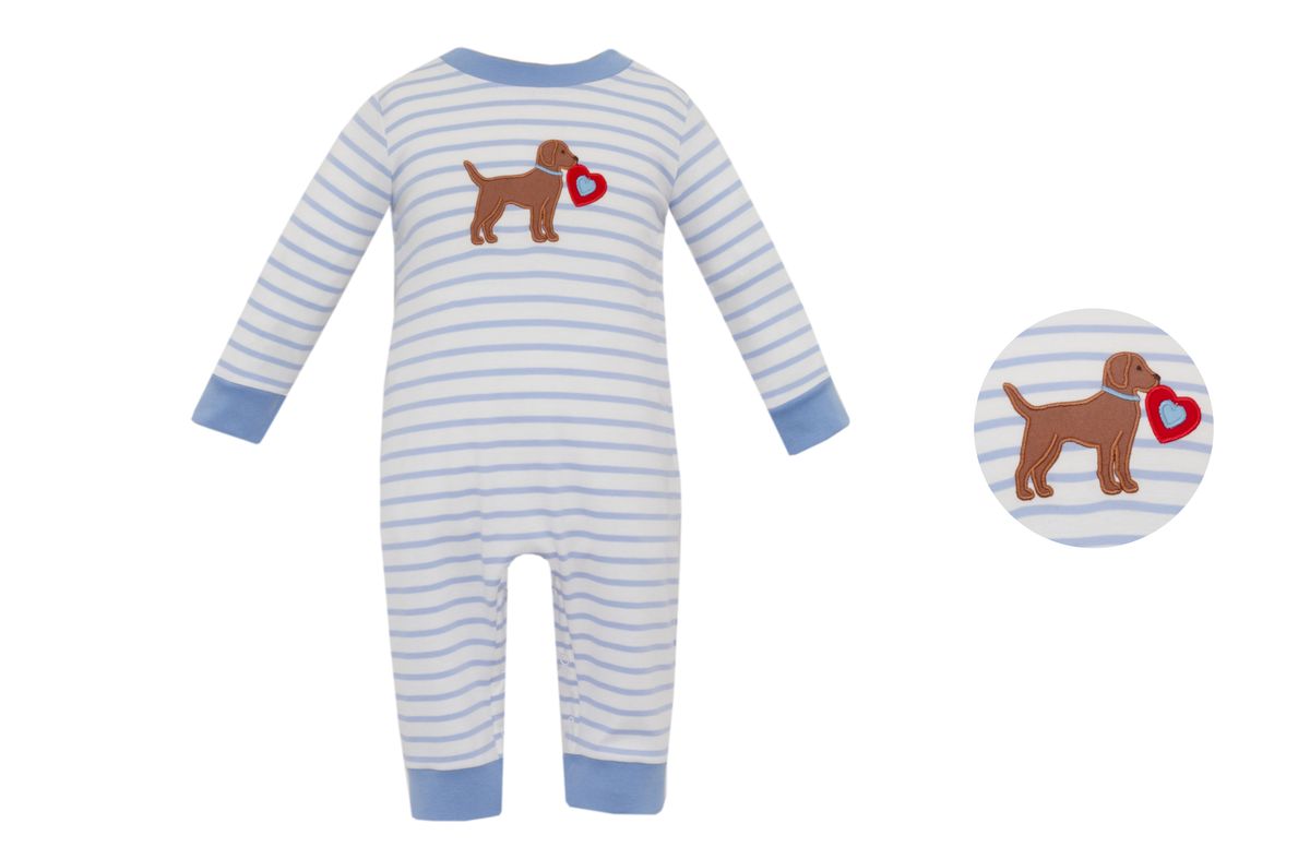 Claire & Charlie Baby Boys Blue Striped Romper - Dog with Valentine Heart