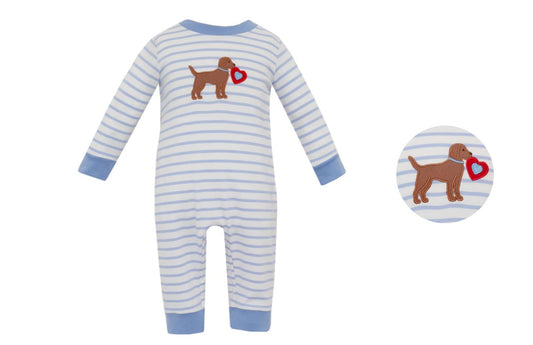 Claire & Charlie Baby Boys Blue Striped Romper - Dog with Valentine Heart by Claire & Charlie