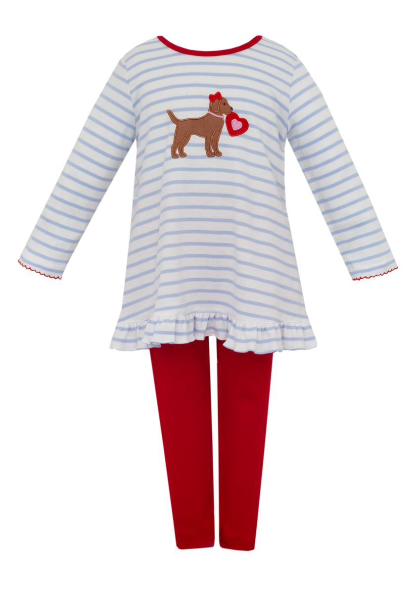 Claire & Charlie Girls Blue Striped Valentine Heart Dog Tunic with Red Leggings