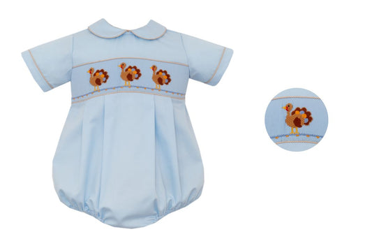 Anavini Blue Twill Smocked Turkeys Boys Bubble by Anavini