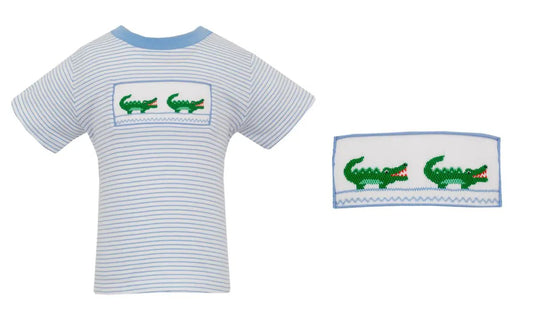 Anavini Boys Blue Striped Shirt - Smocked Green Alligators by Anavini
