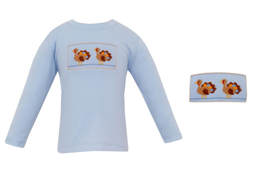 Anavini Velani Boys Light Blue Knit Long Sleeved Shirt - Smocked Turkeys by Anavini
