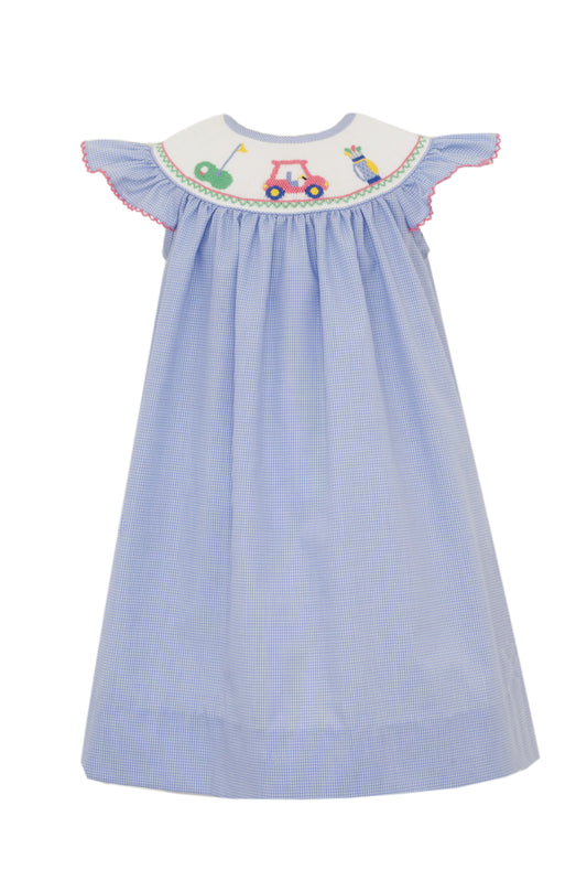 Anavini Velani Girls Blue Gingham Smocked Golf Bishop Dress by Anavini