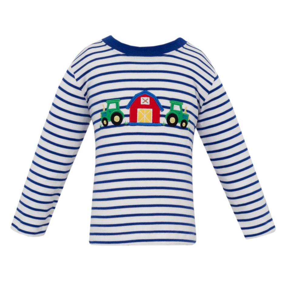 Claire & Charlie Boys Blue Striped Shirt - Appliqué Farm Barn & Tractors