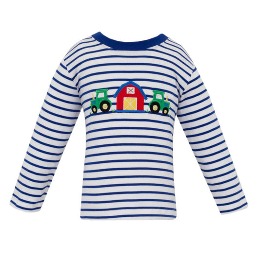 Claire & Charlie Boys Blue Striped Shirt - Appliqué Farm Barn & Tractors by Claire & Charlie
