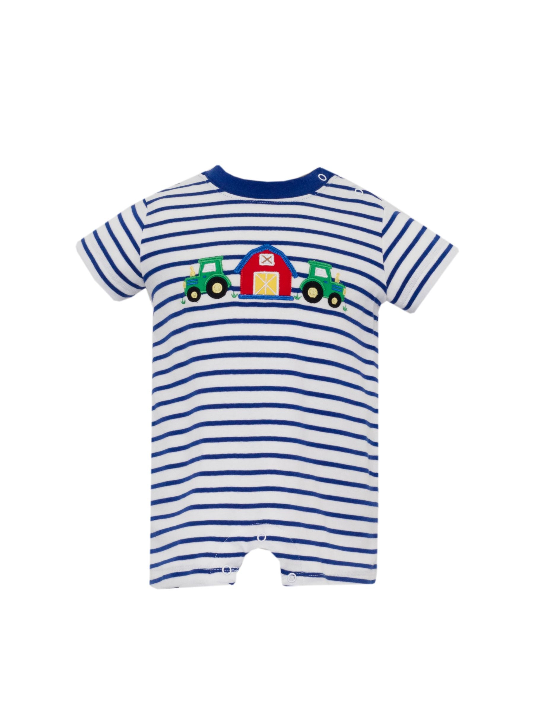Claire & Charlie Baby Boys Royal Blue Stripe Knit Romper - Farm Barn & Tractors