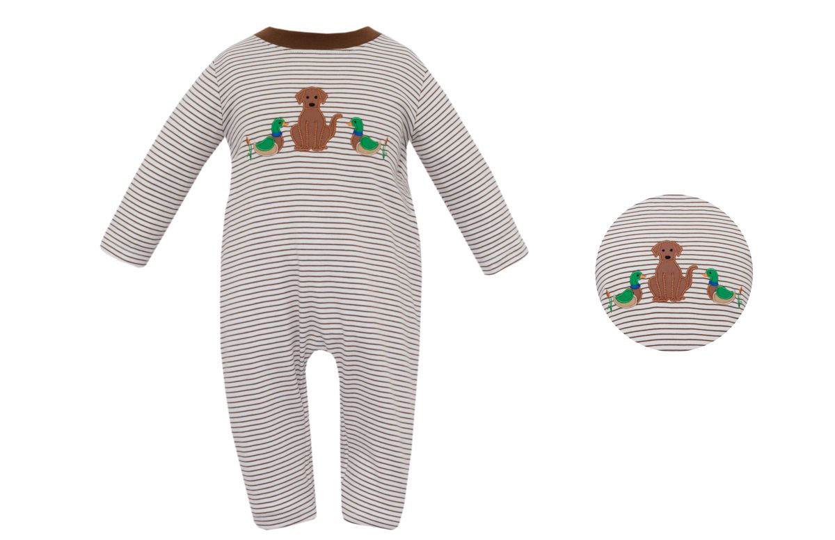 Claire and Charlie Boys Brown Knit Striped Long Romper - Lab Dog and Ducks by Claire & Charlie