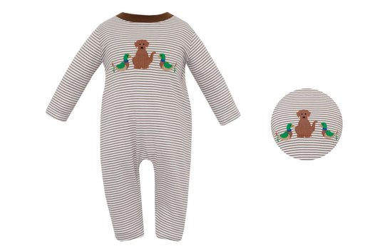 Claire and Charlie Boys Brown Knit Striped Long Romper - Lab Dog and Ducks by Claire & Charlie