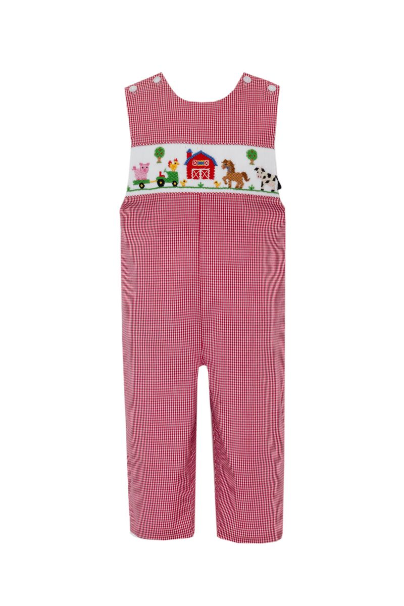 Anavini Velani Boys Red Gingham Smocked Farm Longall