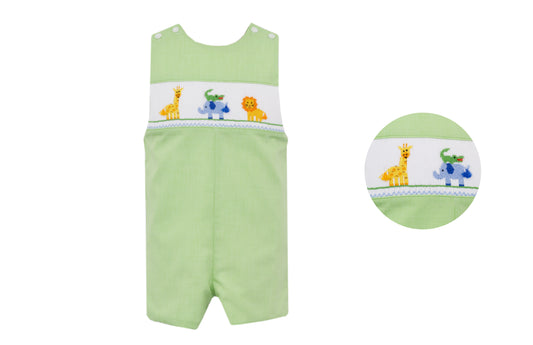 Anavini Velani Boys Green Check Jon Jon - Smocked Safari Zoo Animals