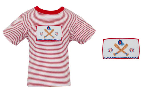 Anavini Boys Red Striped Shirt - Smocked Baseball Theme by Anavini