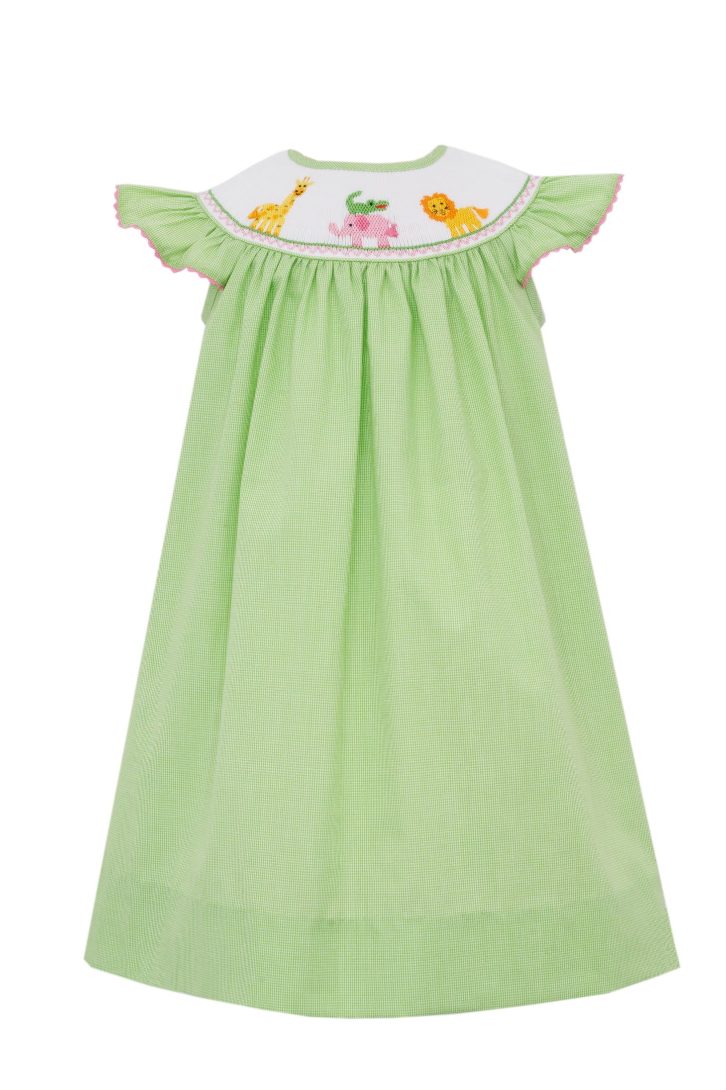 Anavini Velani Girls Green Check Smocked Safari Zoo Animals Bishop Dress