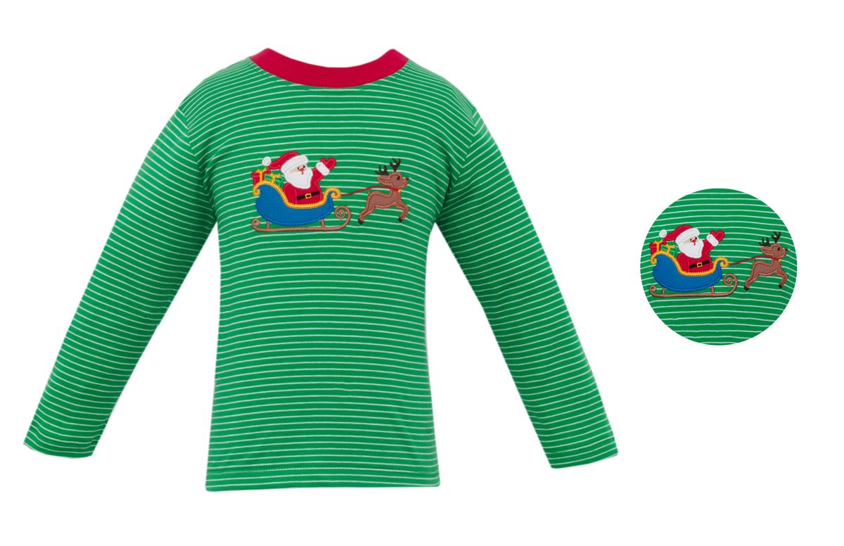 Claire & Charlie Boys Green Striped Knit Santa Sleigh Shirt