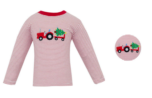 Claire and Charlie Boy Knit Red and White Striped Shirt Tractor with Christmas Tree by Claire & Charlie