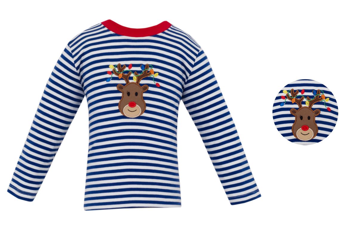 Claire & Charlie Boys Royal Blue Striped Shirt Reindeer with Christmas Lights by Claire & Charlie