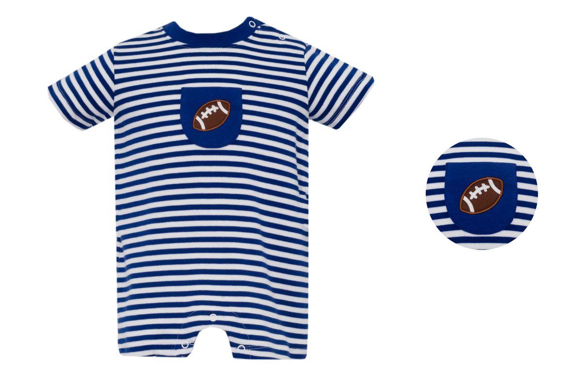Claire & Charlie Baby Boys Knit Romper - Football Pocket - Royal Blue Stripes by Claire & Charlie