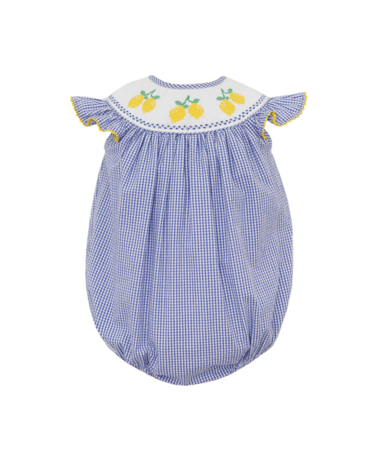Anavini Velani Baby Girls Royal Blue Gingham Seersucker Smocked Lemons Bubble by Anavini