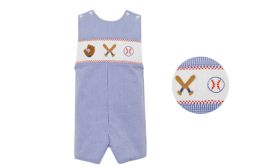 Anavini Velani Boys Royal Blue Gingham Seersucker Smocked Baseball Jon Jon by Anavini