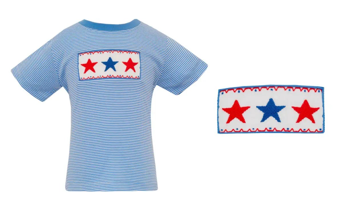 Anavini Boys Blue Striped Shirt - Smocked Patriotic Stars