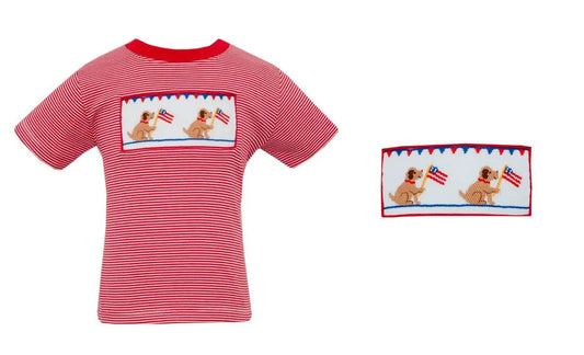 Anavini Boys Red Striped Shirt - Smocked USA Flags Puppy Dogs by Anavini