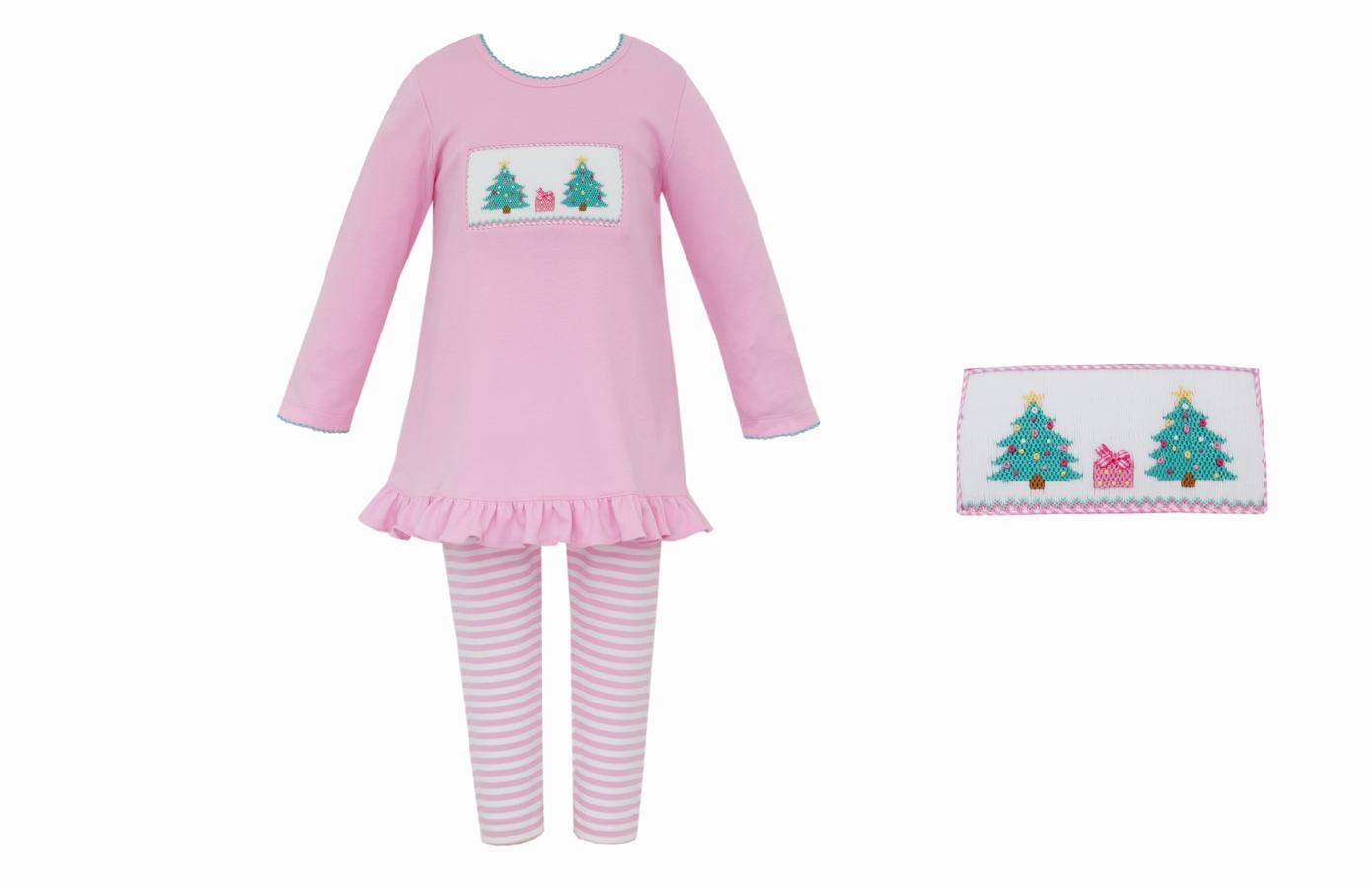 Anavini Girls Pink Knit Smocked Christmas Trees Top with Pink Striped Leggings