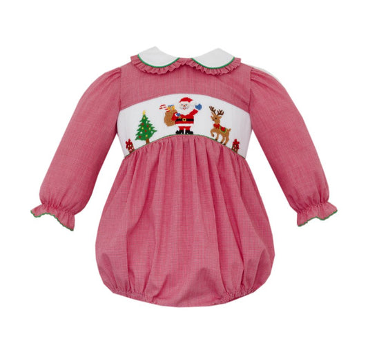Anavini Velani Baby Girls Red Microcheck Smocked Santa Bubble by Anavini