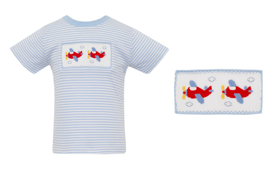 Anavini Velani Boys Blue Striped Shirt - Smocked Airplanes by Anavini