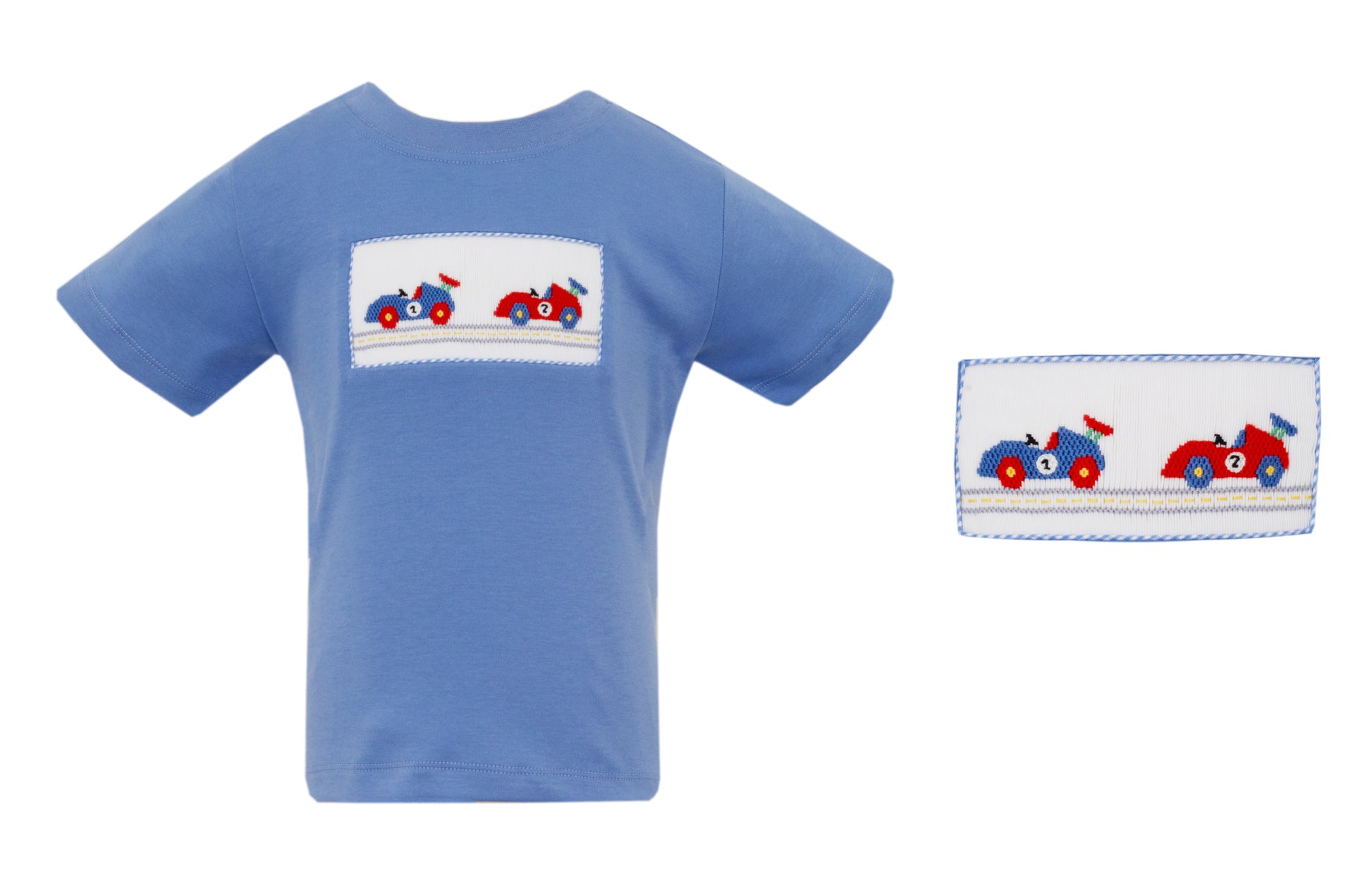 Anavini Velani Boys Periwinkle Blue Shirt - Smocked Race Cars