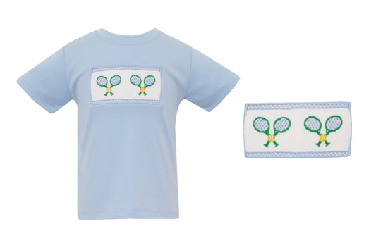 Anavini Velani Boys Light Blue Shirt - Smocked Tennis Racquets by Anavini