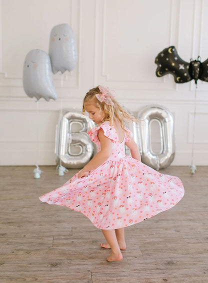 Ollie Jay Girls Olivia Twirl Dress - Pink Halloween Ghosts by Ollie Jay