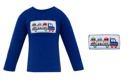 Anavini Velani Boys Royal Blue Knit Smocked Car Carrier Long Sleeved Shirt by Anavini