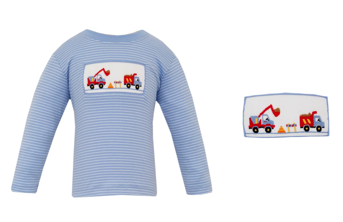 Anavini Velani Boys Periwinkle Blue Knit Smocked Construction Trucks Shirt