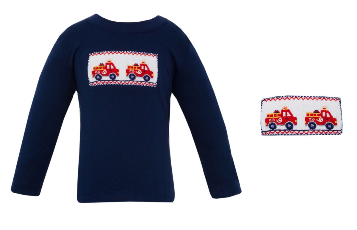 Anavini Velani Boys Navy Blue Knit Smocked Firetrucks Long Sleeved Shirt