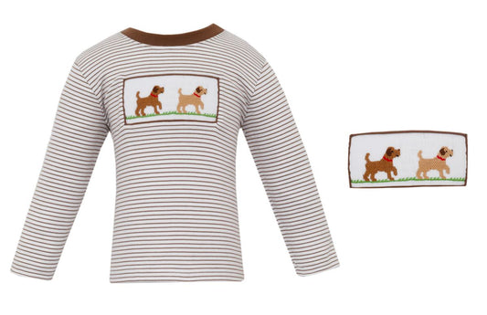Anavini Velani Boys Brown Striped Knit Long Sleeved Shirt - Smocked Labrador Dogs by ANAVINI
